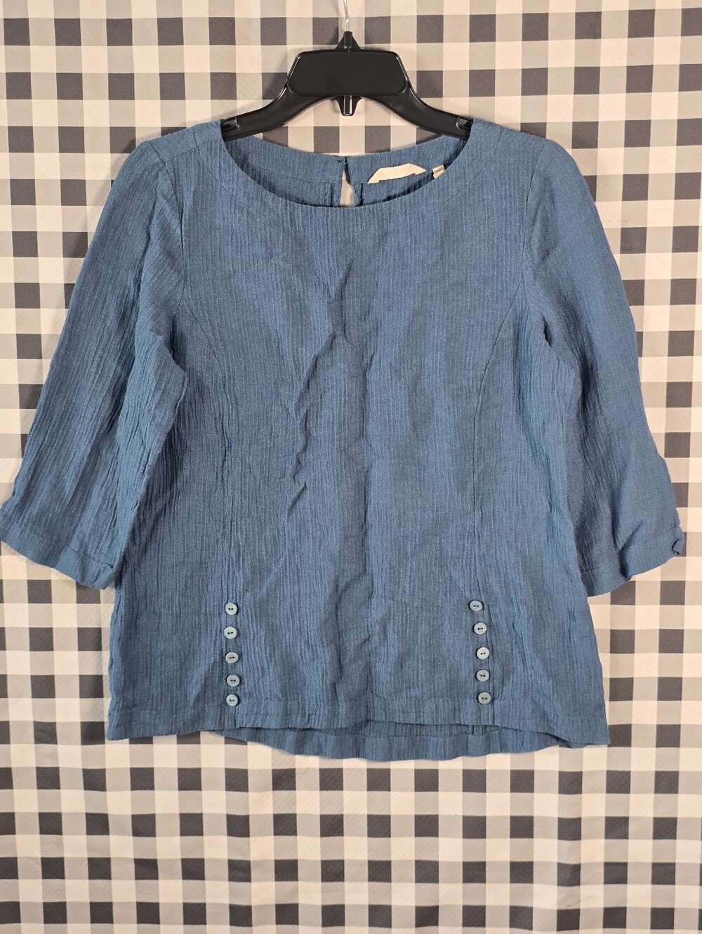 Soft Surroundings PS Blue Ramie Rayon Textured 3/4 Sleeve Button Detail Blouse
